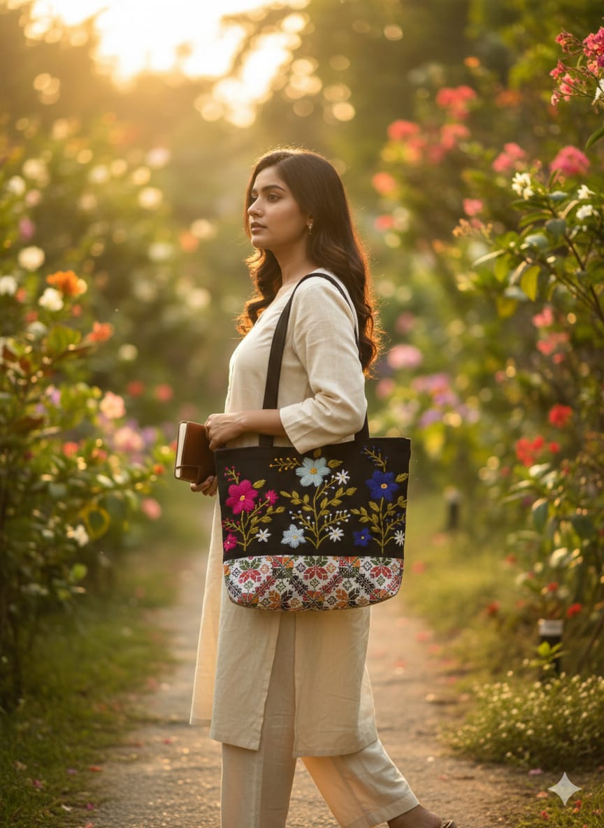 কলেজ ফ্যাশন: হ্যান্ড এমব্রয়ডারি জুট কলেজ ব্যাগ । Ladies Hand Embroidered Jute Tote Bag